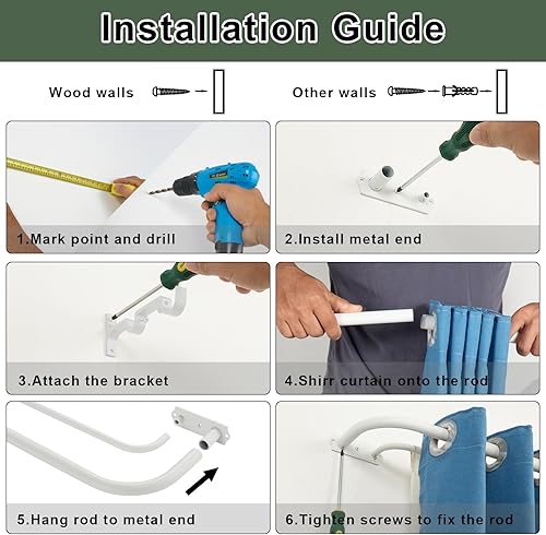 Miniatura 6 de Varillas de cortina dobles de 84 a 120 pulgadas, blanco mate, barra de cortina doble envolvente, 1 pulgada delantera y trasera de 58 pulgadas, barra