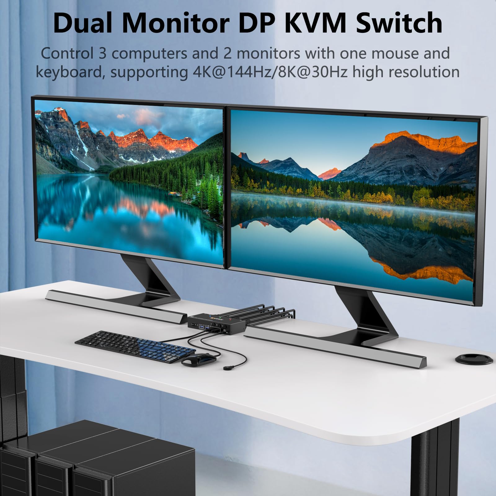 8K@30Hz KVM Switch 3 PCs 2 Monitore, 4K@144Hz Displayport KVM Switch 3 PCs teilen sich 2 Monitore und 4 USB 3.0-Geräte, inklusive kabelgebundene Fernbedienung, Netzteiler und 3DP+3USB3.0-Kabeln