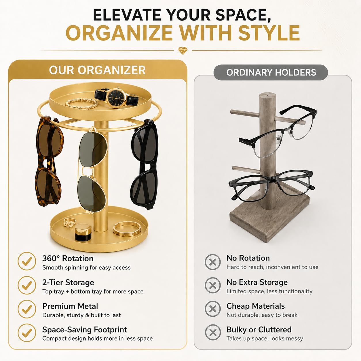 360° Rotating Sunglass Organizer, 2-Tier Metal Glasses Holder Stand with Jewelry Tray & Storage Base, Eyeglass Display Rack for Multiple Sunglasses, Watches, Rings, Keys, Dresser, Desk, Nightstand