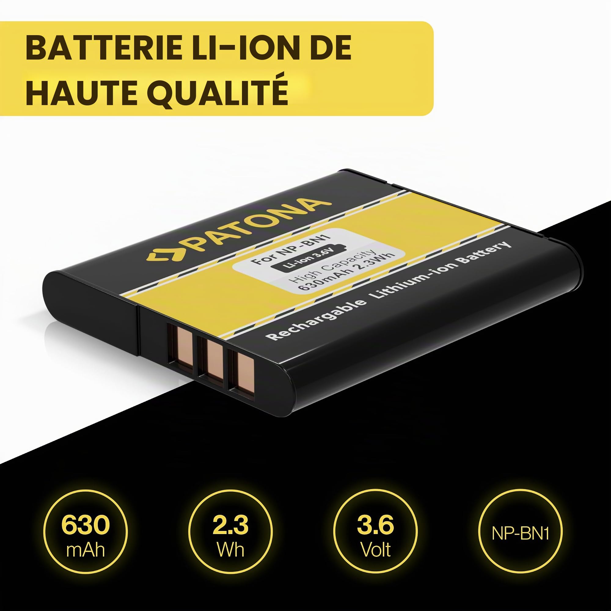 PATONA Batterie NP-BN1 630 mAh pour Sony CyberShot DSC-W510 W800 | Batterie de rechange 630 mAh, compatible Sony CyberShot W530, W560, W610, W730, W810, W830, WX50, QX10 et QX100