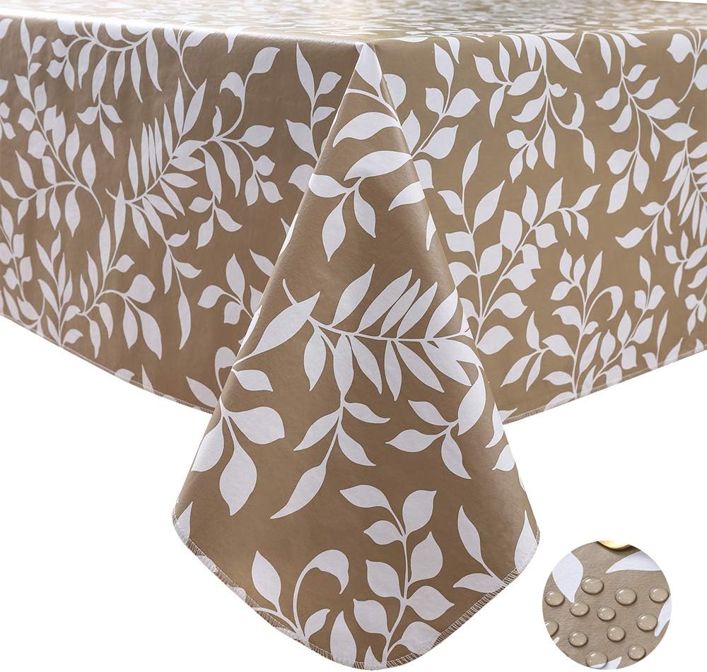YADA Vinyl Flannel Backed Tablecloth Waterproof Oil-Proof Wipeable PVC Table Cloth for Restaurants Picnic Dining Durable Table Cover Used Indoor/Outdoor(Coffee Leaves 60 Inch Square)