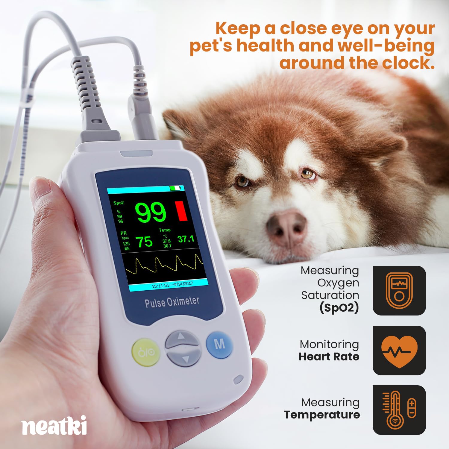 Neatki Veterinary Pulse Oximeter – Handheld Dog Oximeter for SpO2, Pulse Rate, and Temperature Monitoring in Cats, Dogs, and Small Animals (White)