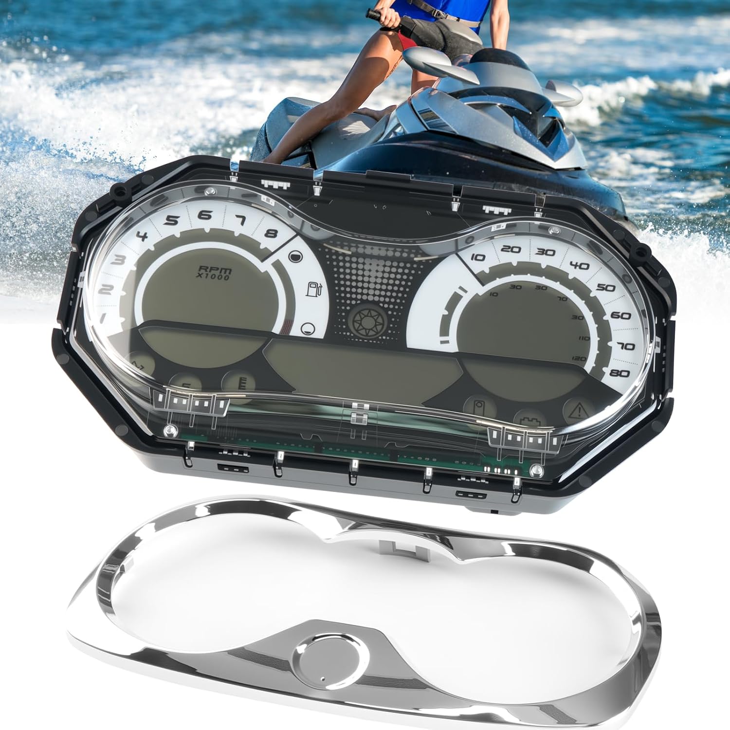 278002270 LCD Speedometer Gauge Cluster Replacement for SeaDoo GTX RXP RXT Wake 2006-2011, Digital Gauge with Chrome Bezel, Compatible Part Numbers# 278002328 278002326 278002319 278002317 278002144