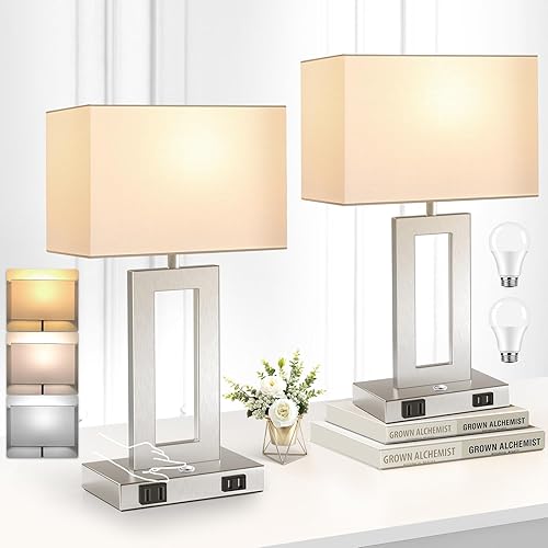 Juego de 2 lámparas de mesa con control táctil de 3 temperaturas de color, regulables sin escalones, con 2 puertos USB y salida CA, lámparas