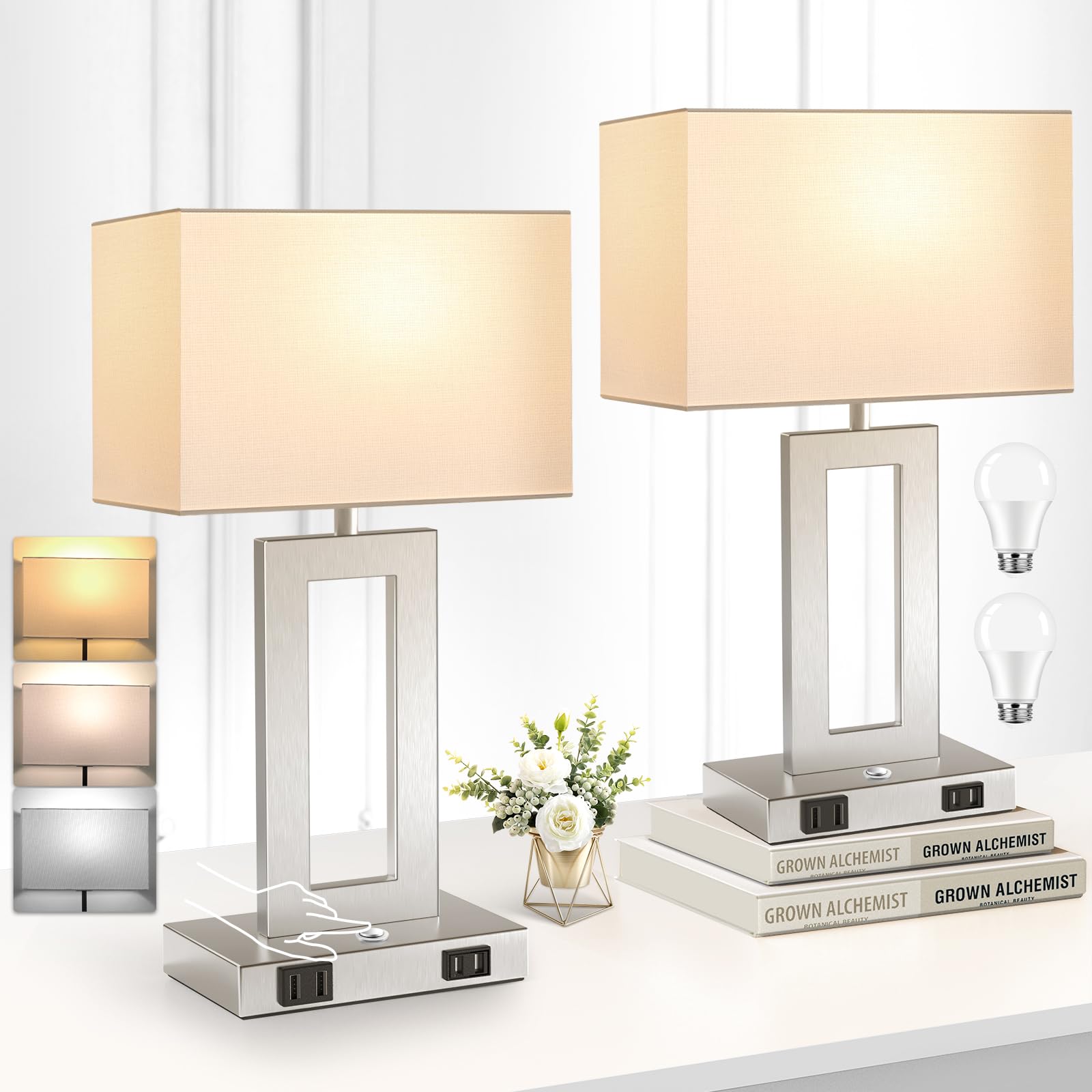 3 Color Temperatures Touch Control Table Lamps Set of 2, Stepless Dimmable Bedside Lamps with 2 USB Ports&AC Outlet, Modern Nightstand Lamps for