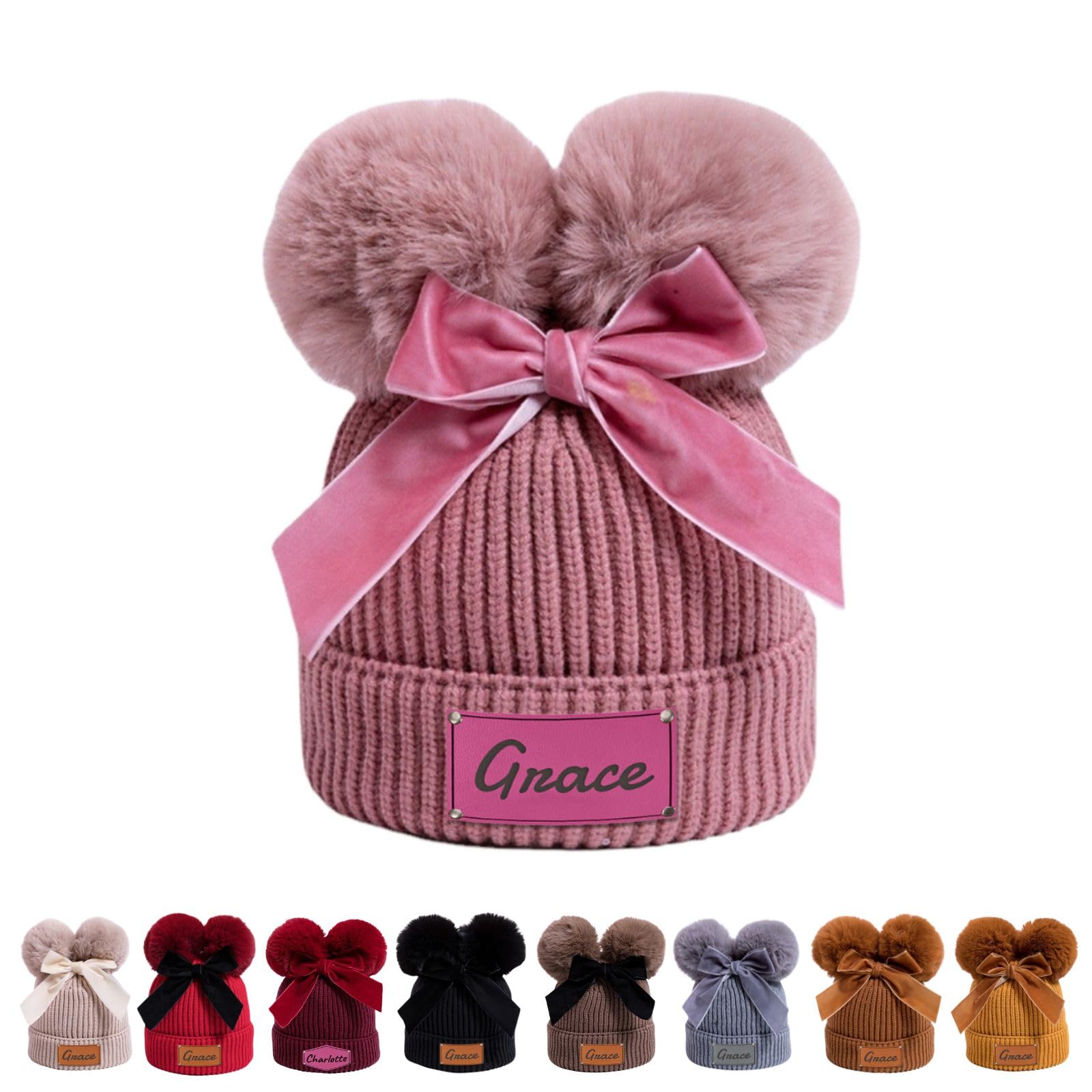 Personalized Toddler Beanie Hat with Bow - Custom Winter Pom Pom Beanies - Leater Patch Baby Warm Knit Hats Pink