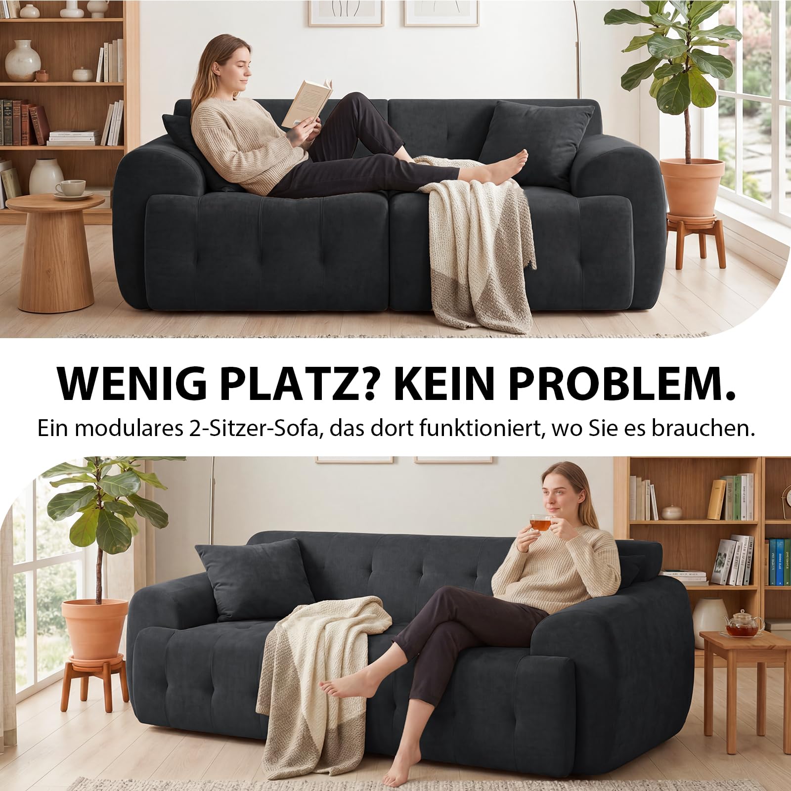 COMHOMA Sofa 2 Sitzer, 180 x 86 x 40 cm Bodensofa, Couch mit Rückenlehne, Kissen und Armlehne, Modernes Stoffsofa für Wohnzimmer, Wohnung, Büro, Keine Montage, Dunkelgrau