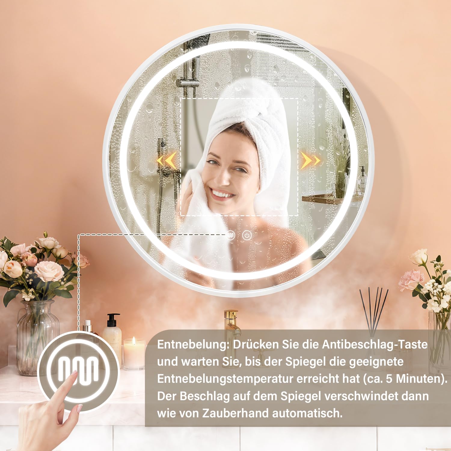 Armadietto rotondo a specchio con luce, telaio in alluminio, 3 temperature di colore e funzione dimmerabile, presa USB per rasoio, anti-appannamento, 71 cm, bianco
