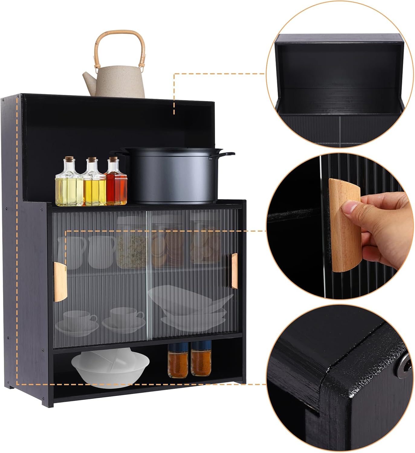 5-Tier Bamboo Kitchen Pantry Sideboard with 2 Sliding Striped Glass Doors, Freestanding Countertop Storage Cabinet for Spice Seasoning Bottles, Dish, Bowl, 21.6 * 11 * 29.1 in Black