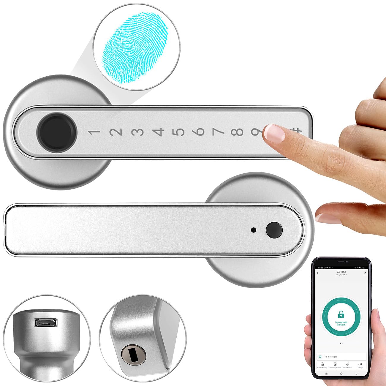 VisorTech Smarte Türklinke: Smarter Sicherheits-Türbeschlag mit Finger-Scanner, PIN & App, silber (Fingerprint Türöffner, Türklinke mit Fingerabdruck, WC)