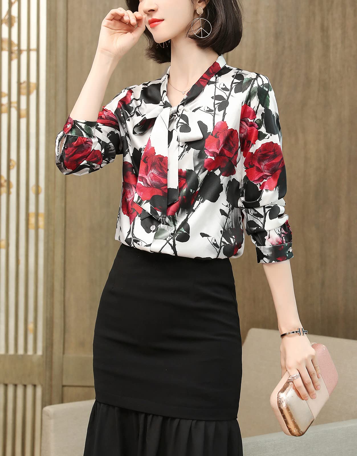 E-girl Blusa de seda para mujer con estampado de puente, blusa de manga larga para mujer, blusa de seda, S3512