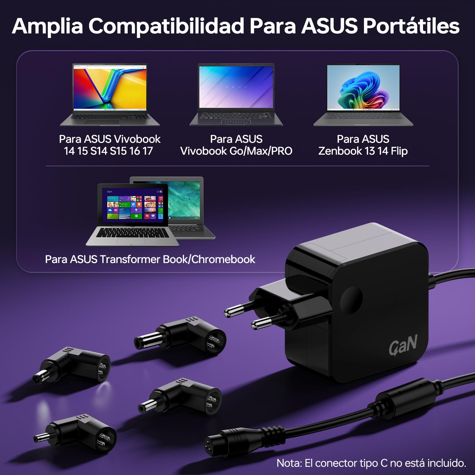 65W Cargador GaN para ASUS VivoBook Go Zenbook 14 15 S14 S15 F1504V F1502 F1505 F1402 E1504F F1500 X515 X415 F515E F556U F541 F415 UX431 S433 W15-065N1B AD2108020,Cargador Universal Portátil para ASUS — view 4