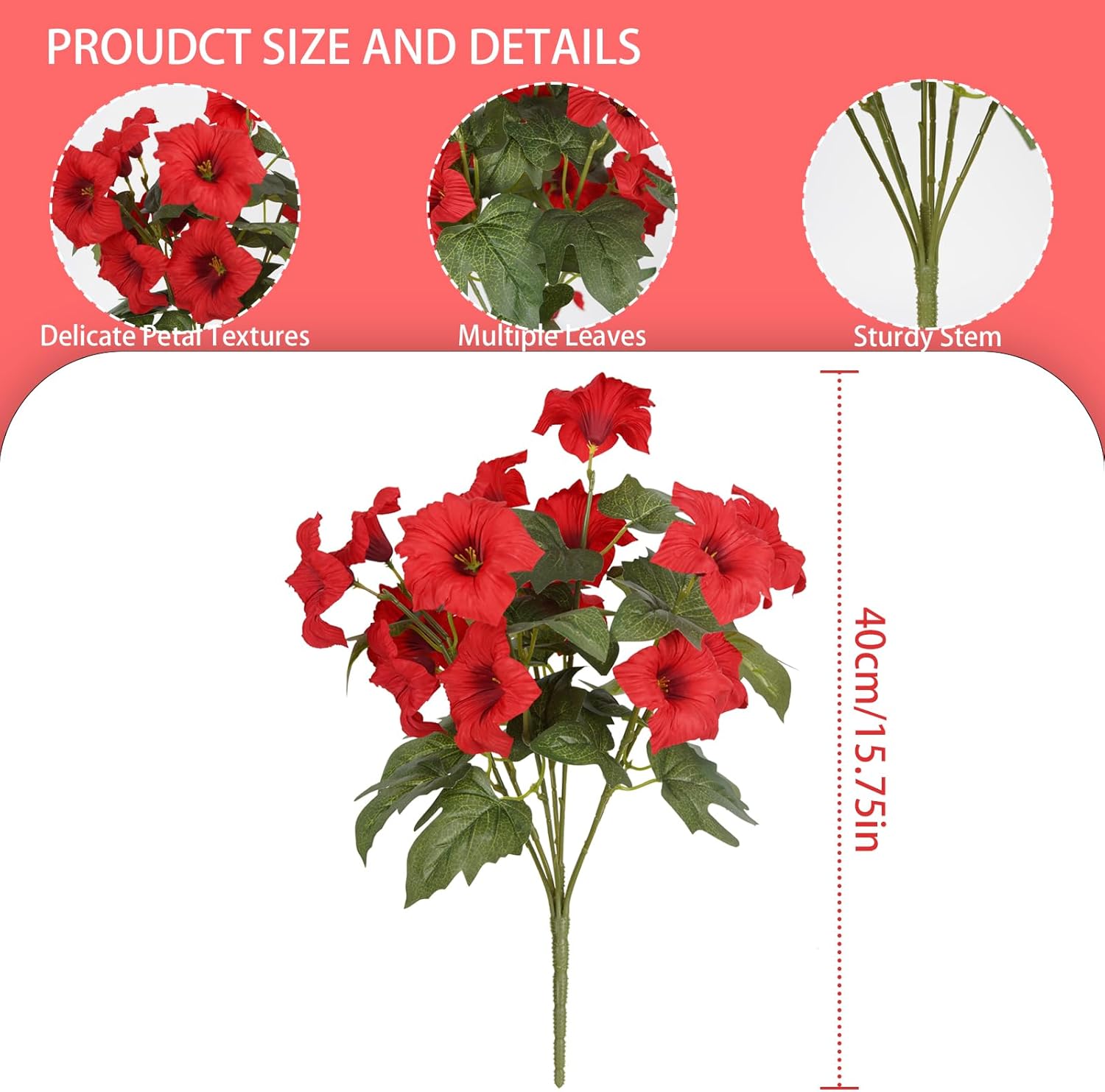 Artificial Flowers for Outdoors, Faux Petunias Spring Summer Decoration, Fake Flowers Plants UV Resistant Look Real Silk Flowers for Outside Planter Front Door Porch Patio Yard (12, Red)