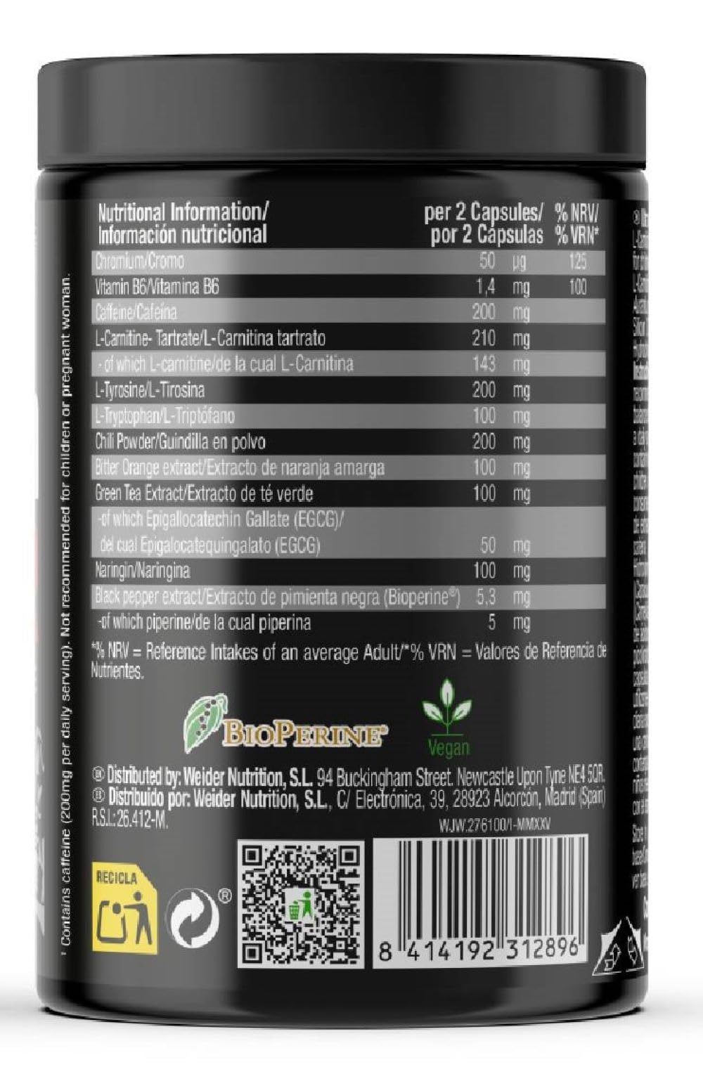 Weider Integratore Alimentare a Base di Estratti Vegetali, Triptofano, Tirosina, Carnitina e Caffeina - 120 capsule