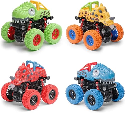 LACHLAND Carros de dinosaurio paquete de 4 camiones monstruos para niños de 3 años rotación de 360 juguetes de dinosaurio para niños cumpleaños