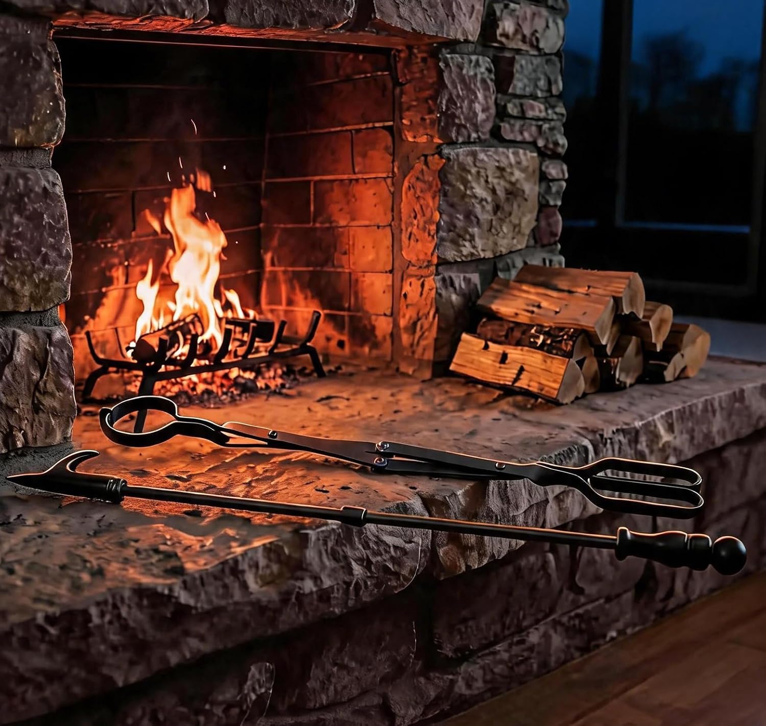 32 Inch Fireplace Poker and 26 Inch Fireplace Tongs Set – 2-Piece Heavy Duty Fire Pit Tools, Solid Iron Log Grabber for Campfire, Wood Stove, Patio, Indoor & Outdoor