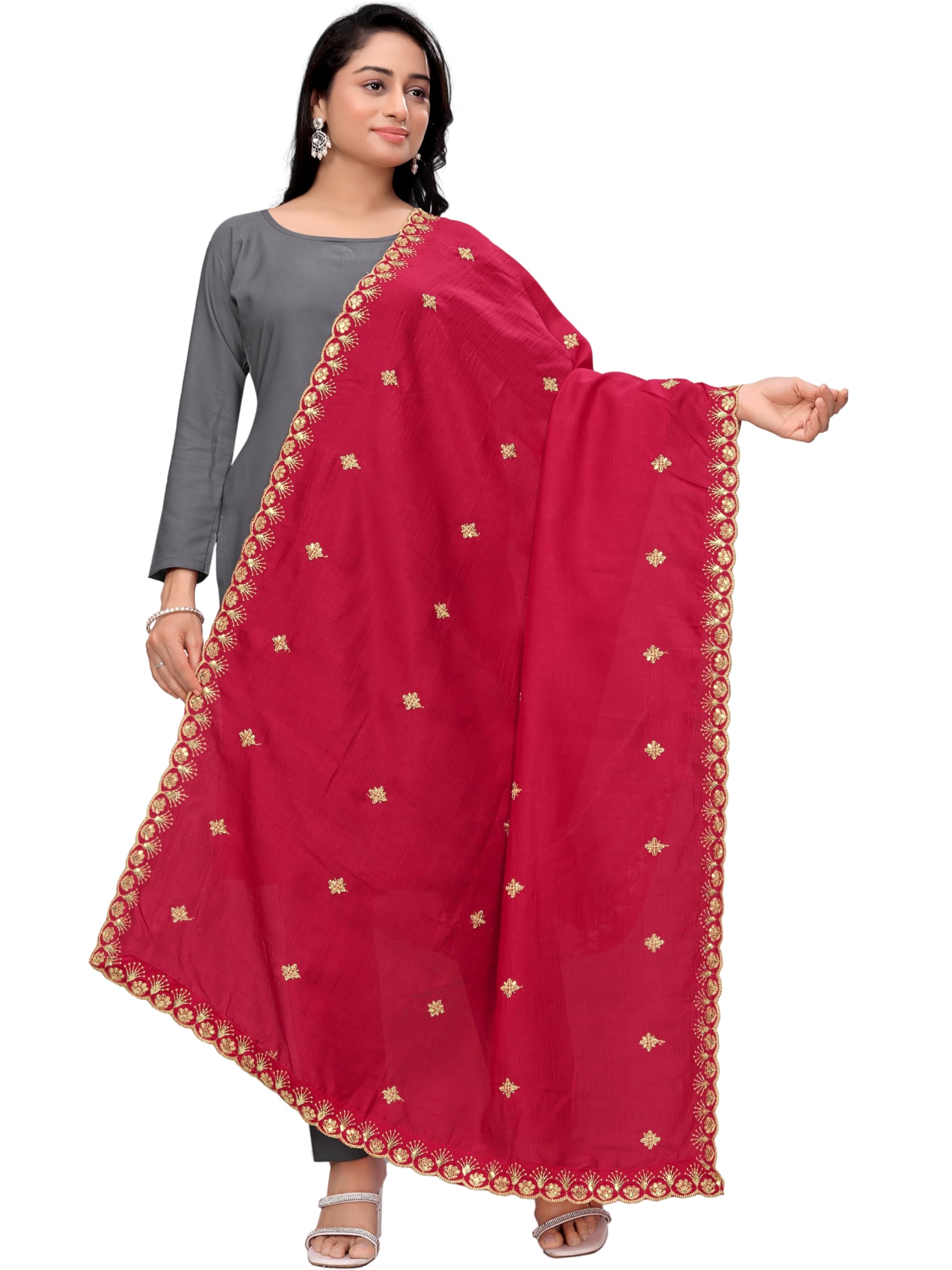 Vichitra Art Silk Embroidered Floral Phulkari Dupatta With Beads Work-picture-52