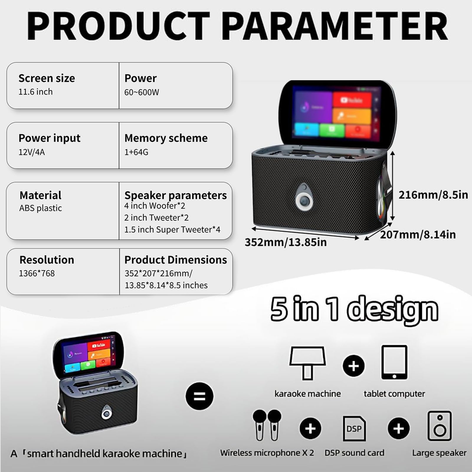 Macchina Karaoke per Adulti con Schermo di Visualizzazione dei Testi, 2 Microfoni, Sintonizzazione Automatica ed EQ, Altoparlante da 60-600 W, Connessione TV,Sistema Karaoke Portatile per Casa e Feste
