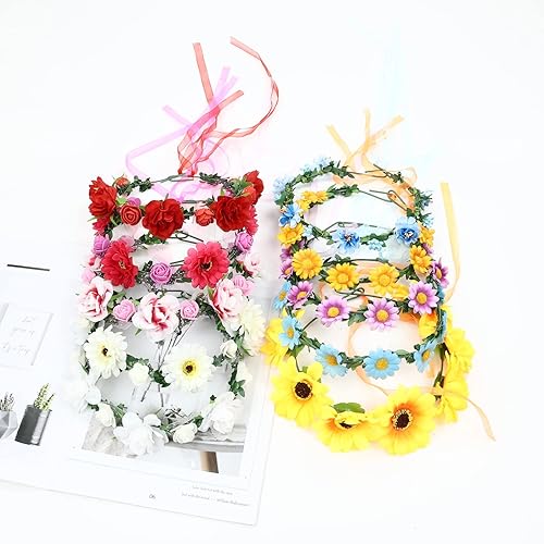Miniatura 7 de Lawie Paquete de 10 coronas bohemias de girasol, margaritas, rosas, coronas de hojas florales con cinta de halo, diademas para el cabello, diadema
