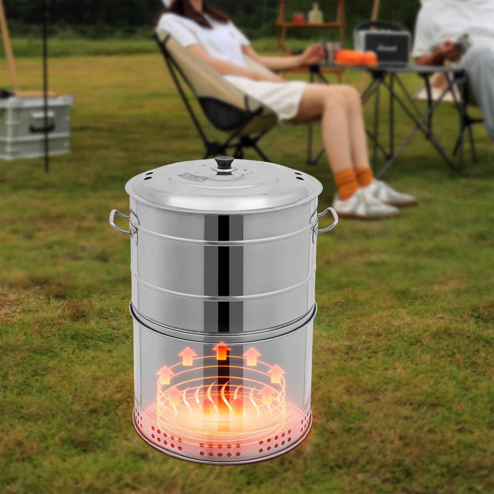 Duże przenośne grille węglowe, grill węglowy ze stali nierdzewnej, 360°, bezdymny na zewnątrz z 50 szpikulcami, kociołek do gotowania, grill wędzarniczy