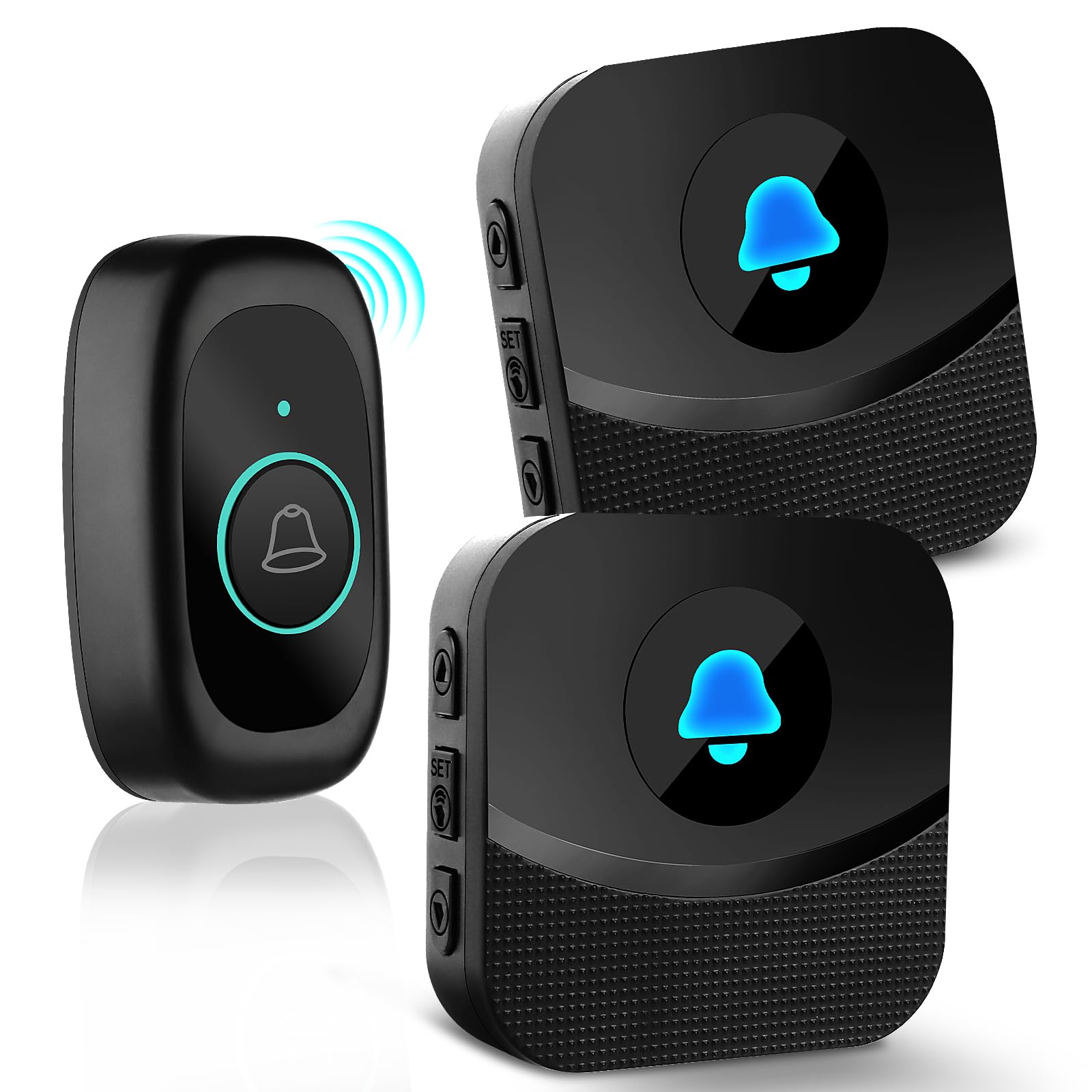 VFANDV Sonnette Sans Fil, IP55 Bouton de Sonnette 400M Longue Portée Exterieur Étanche Electronique avec 2 Récepteurs 55 Mélodies Kit de Carillon Electronique LED Bleu