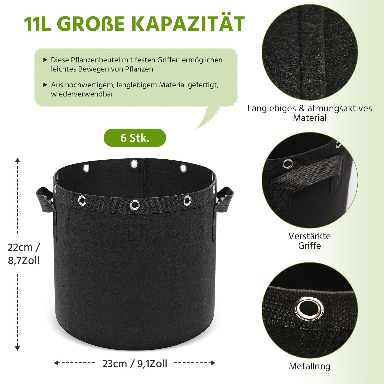 Newthinking Pflanzsack 11L, 6 Stück mit Griffen – Robuster Stofftopf für Tomaten, Kartoffeln, Erdbeeren, Blumen und Garten