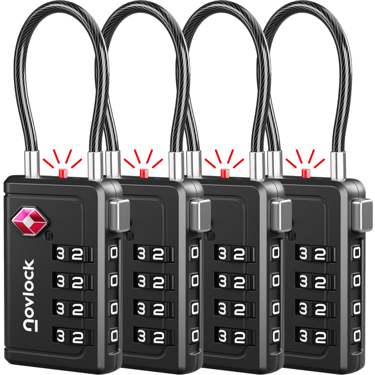 NOVLOCK TSA Approved Luggage Locks | Inspection Indicator, 4-Digit Combination, Durable Zinc Alloy | for Suitcases, Backpacks, Travel Bags | Black, 4-
