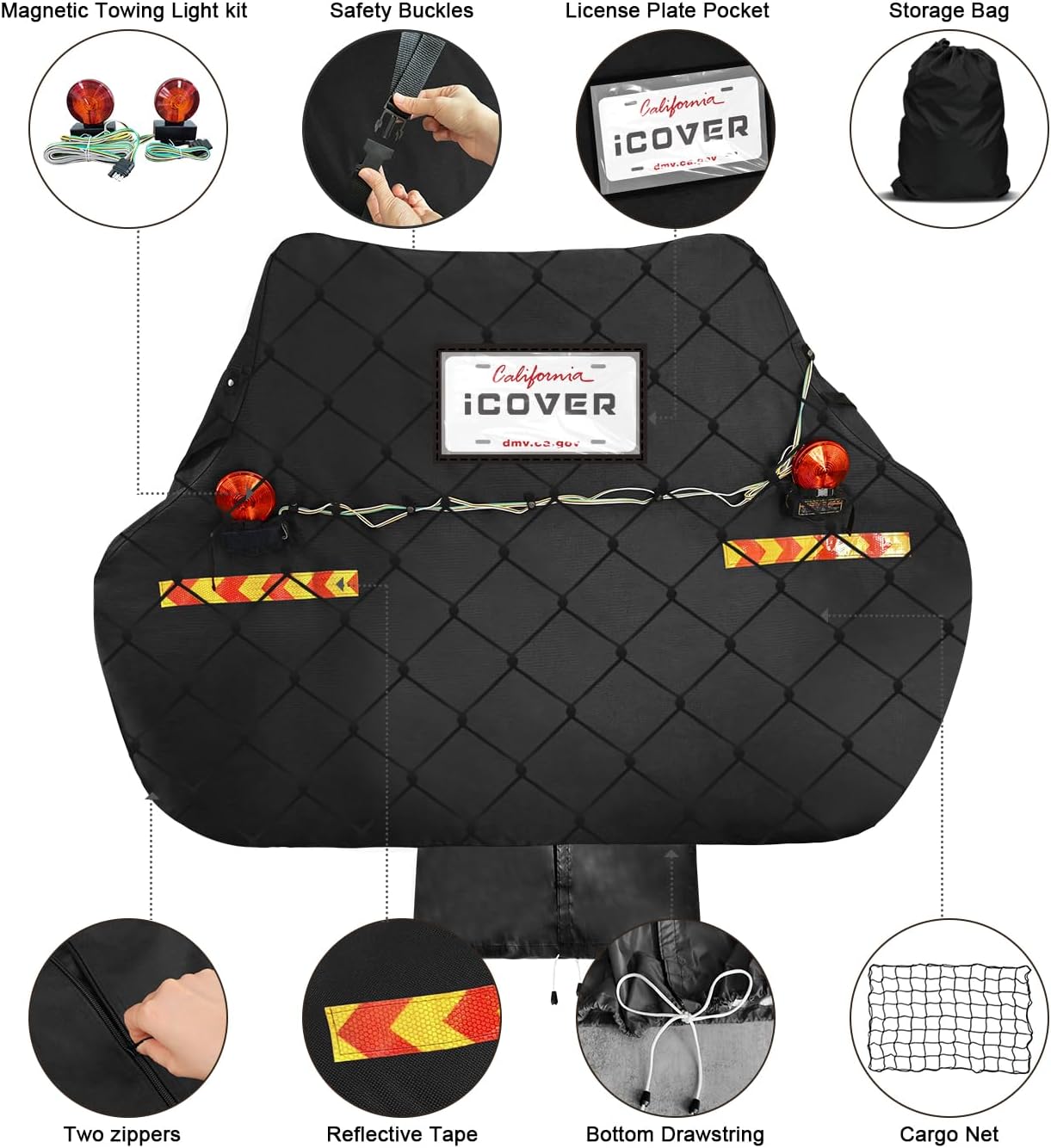 iCOVER Bike Cover for Transport 2 Bike, 600D Heavy Duty Waterproof Bike Covers for Bikes on Car Rear, Outdoor Storage Bicycle Cover for Transport On Rack, with Magnetic Towing Light & Cargo Net