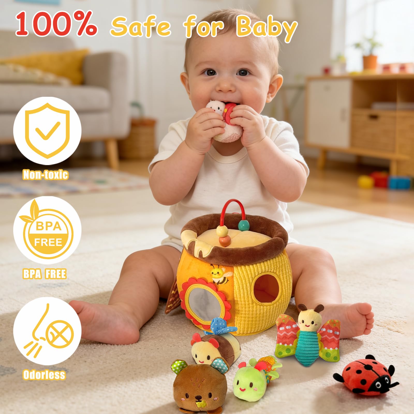 Bambini Giochi Montessori 1 Anno - Casa Delle Api in Peluche con 6 Insetti Neonato, Giochi Sensoriali per Neonati con Specchio, Sonaglio, Giochi Dentizione, Regalo 6 9 12 18 Mesi Bimbo Bimba