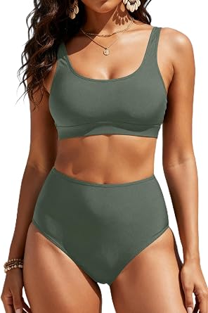 Holipick Women High Waisted Bikini Set Two Piece Scoop Neck Swimsuit Criss Cross Back Bathing Suit
