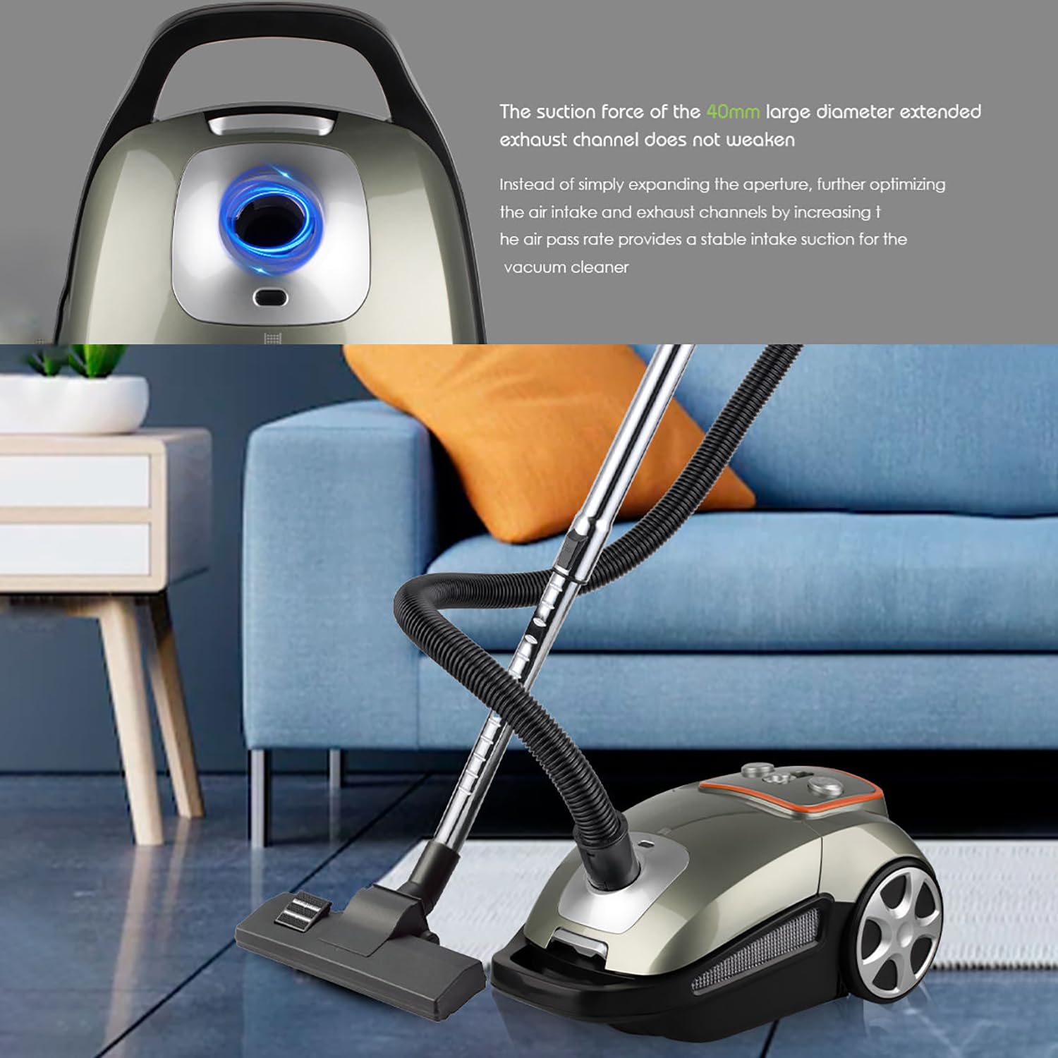 Bezworkowy odkurzacz cylindryczny 3200 W z zmywalnym filtrem HEPA, silnik 1600 W, kosz na kurz 3 l, zasięg 8 m dla łatwego manewrowania, idealny do czyszczenia sierści zwierząt domowych i twardych