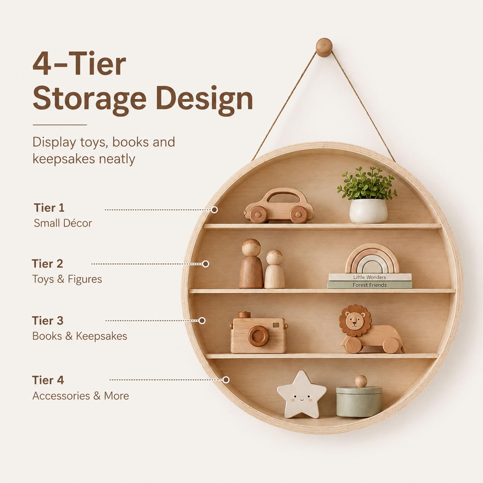Rundes Wandregal Holz 38/55 cm 4-stufiges Schweberegal Wand, dekoratives Aufbewahrungsregal mit 4 Ebenen Hängeregal für Wohnzimmer Schlafzimmer Bad Küche und Kinderzimmer,Natural,38cm