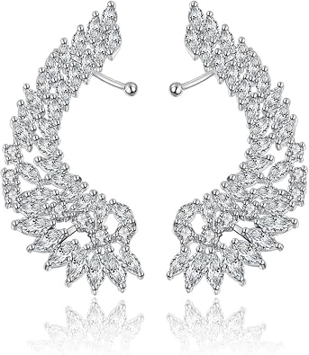 White Gold Plated Personalized Exaggeration Creativity Sparkly Angel Wings Style Ear Cuff Stud Earrings with Marquise Shaped Clear Cubic Zirconia Fashion Jewelry for Women Angel Wings