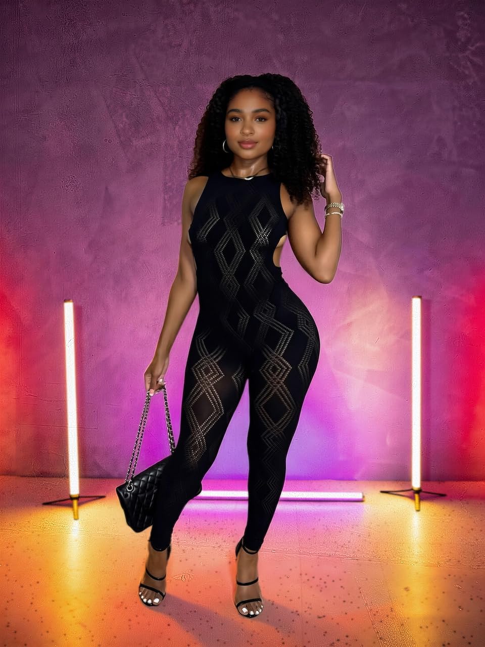 WEICHUJIAN Women’s Sexy Backless Mesh Jumpsuit Sleeveless Cutout One Piece Bodycon Outfit High Stretch Party Clubwear