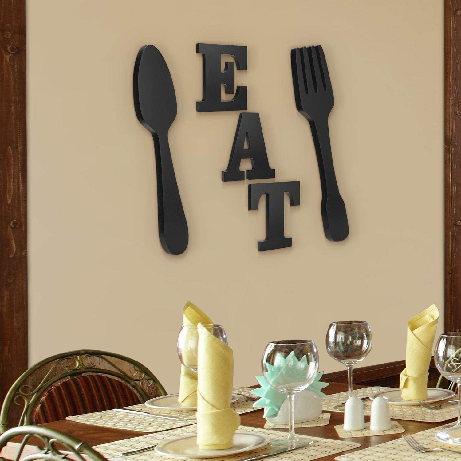 Set of EAT Sign, Fork and Spoon Wall Decor,Wall Hanging Sign Large Wooden Letters for Kitchen Dinning Room Restaurant Coffee Shop Wall Mounted Decoration