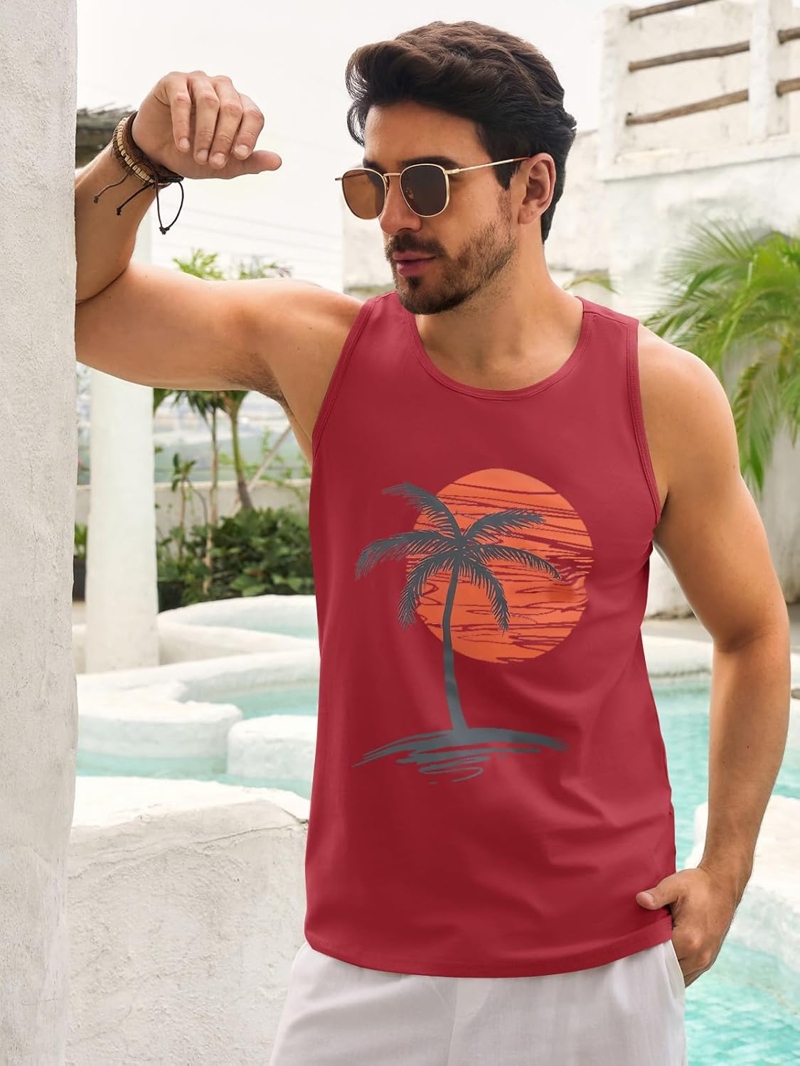 Mens Sleeveless Tank Tops Workout Gym Shirts Palm Tree Vintage Style T-Shirt - Image 2