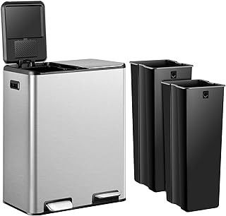 F2C 16 Gallon(60L) Dual Trash Can,Stainless Steel Step-on Kitchen Garbage Can with Lids, Foot Pedals and Inner Buckets,Rectangular Dual Compartment Recycling Bins for Kitchen Office Home Use,Silver