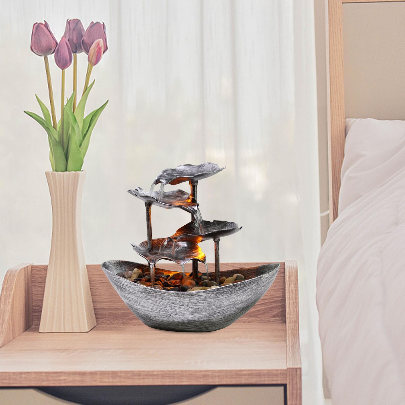 Fuente De Agua De Mesa - Fuent De Cascada Pequeña De Hoja De Loto De 4 Niveles con Bomba Automática E Interruptor De Encendido, Fuente Interior USB con Luces LED | Decoración De Escritorio Relajante