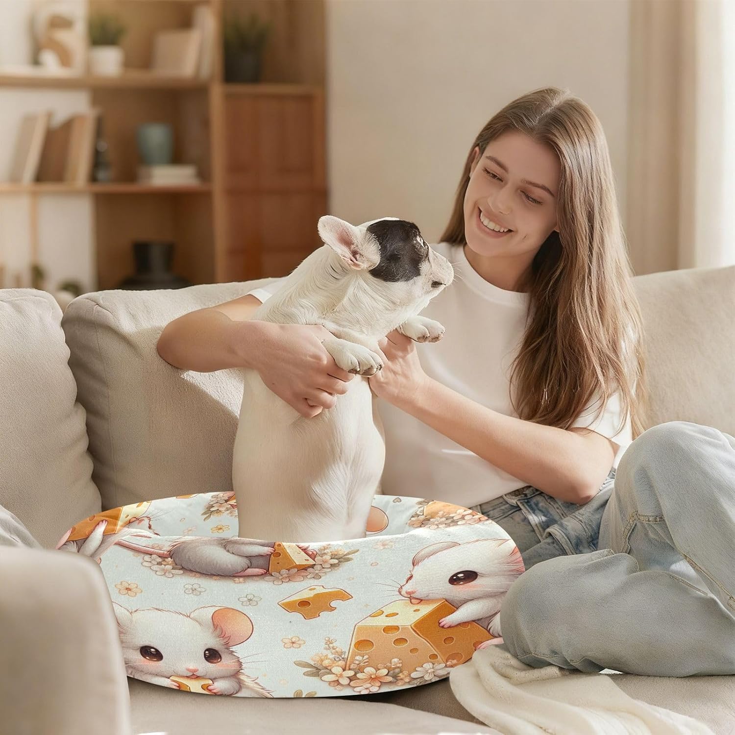 Dog Bed Ultra Soft Fluffy Comfortable Cat Bed, Cute Fluffy Mices Washable Dog Beds Anti-Slip Round Pet Beds for Medium Dogs