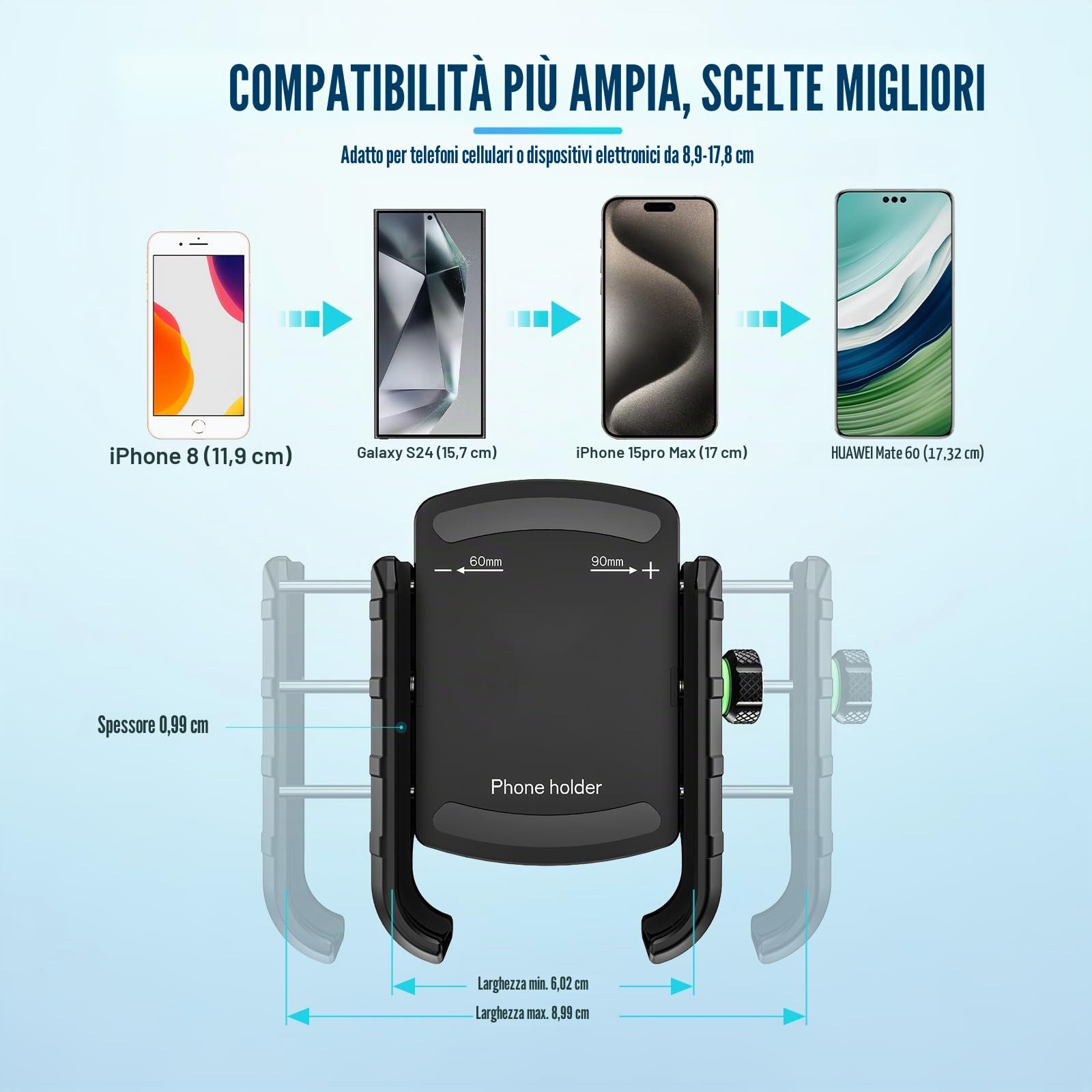 Porta Cellulare Bici, Supporto Telefono per Moto Universale Anti-Shake, Supporto Smartphone per Bici Manubrio MTB Scooter 360° Rotabile Compatibile con 3.5"-7.0" iPhone Samsung Huawei (Nero)
