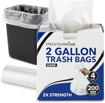 Stock Your Home Clear 2 Gallon Trash Bag 200 Pack Un-Scented Small Garbage Bags for Bathroom Can, Mini Waste Basket Liner, Plastic Liners for Office Trashcan and Dog Poop, Bulk Household Supplies