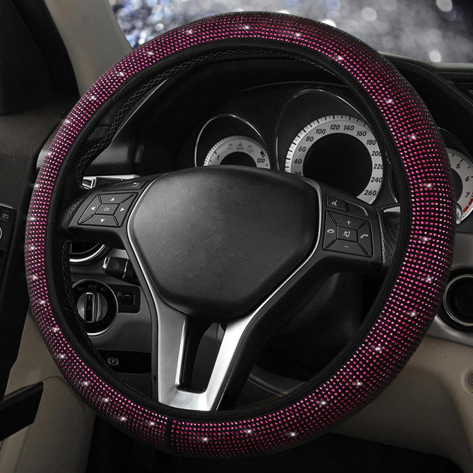 Bling Steering Wheel Cover with Diamond,Crystal Rhinestones Anti-Slip Car Wheel Protector Universal Fit 15 Inch for Women Girls(Purple)