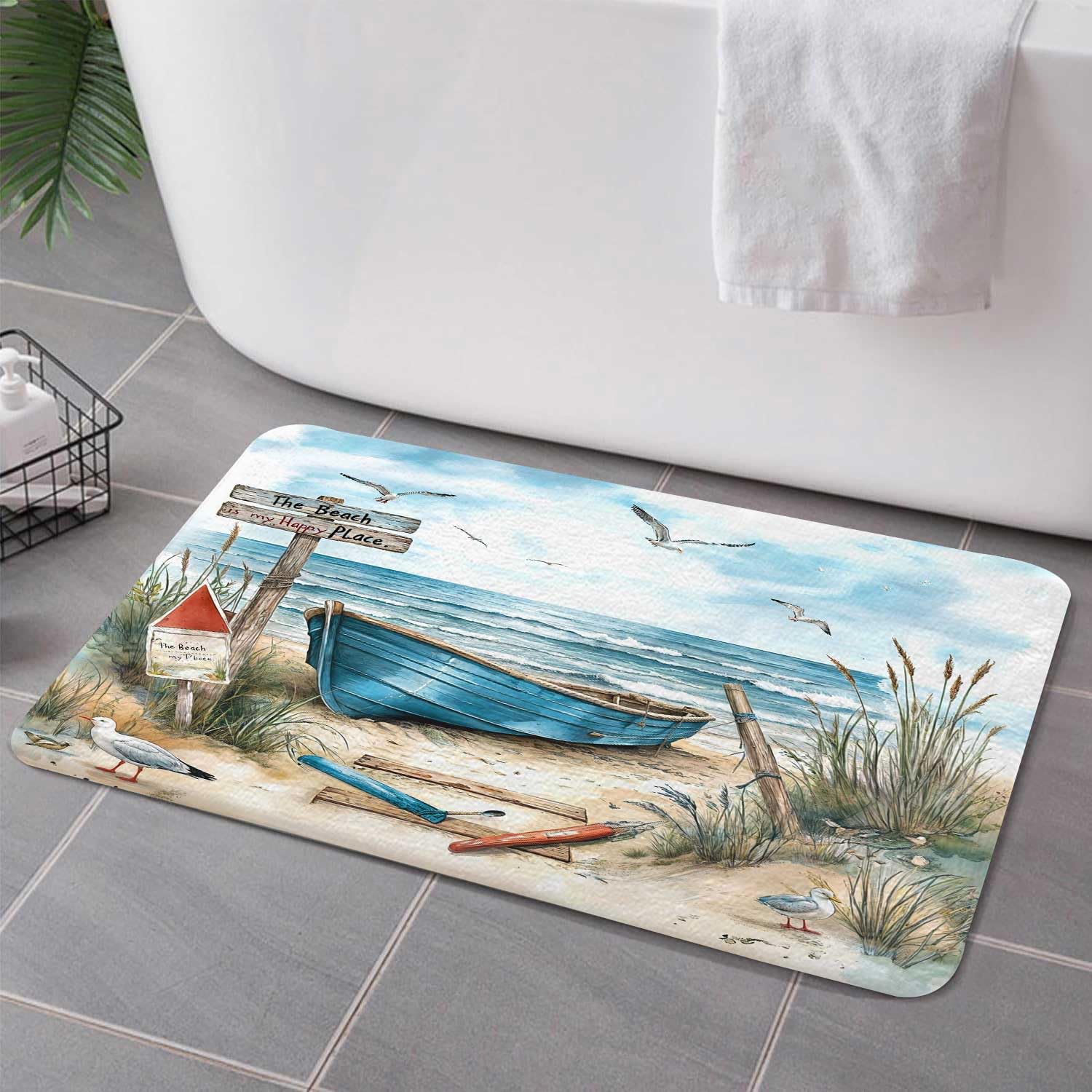 Hjokiupt Nautical Coastal Bath Rugs for Bathroom, Ocean Beach Non Slip Flannel Bathroom Rug, Blue Teal Seasides Sailboat Dry Fast Water Absorbent Bath