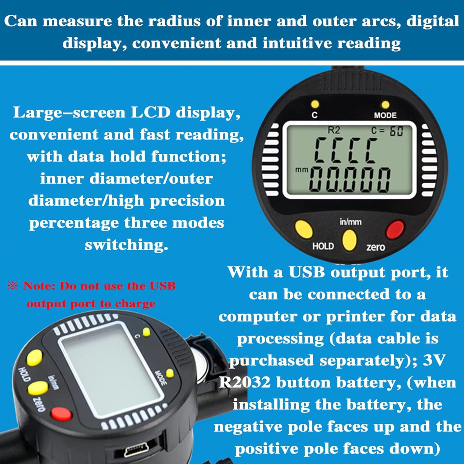 Digitales Radius-Messgerät, hohe Genauigkeit, elektronisches Radius-Messwerkzeug mit 5 austauschbaren Backen, Radiusbereich 5–700 mm für präzisionsmechanische Teile
