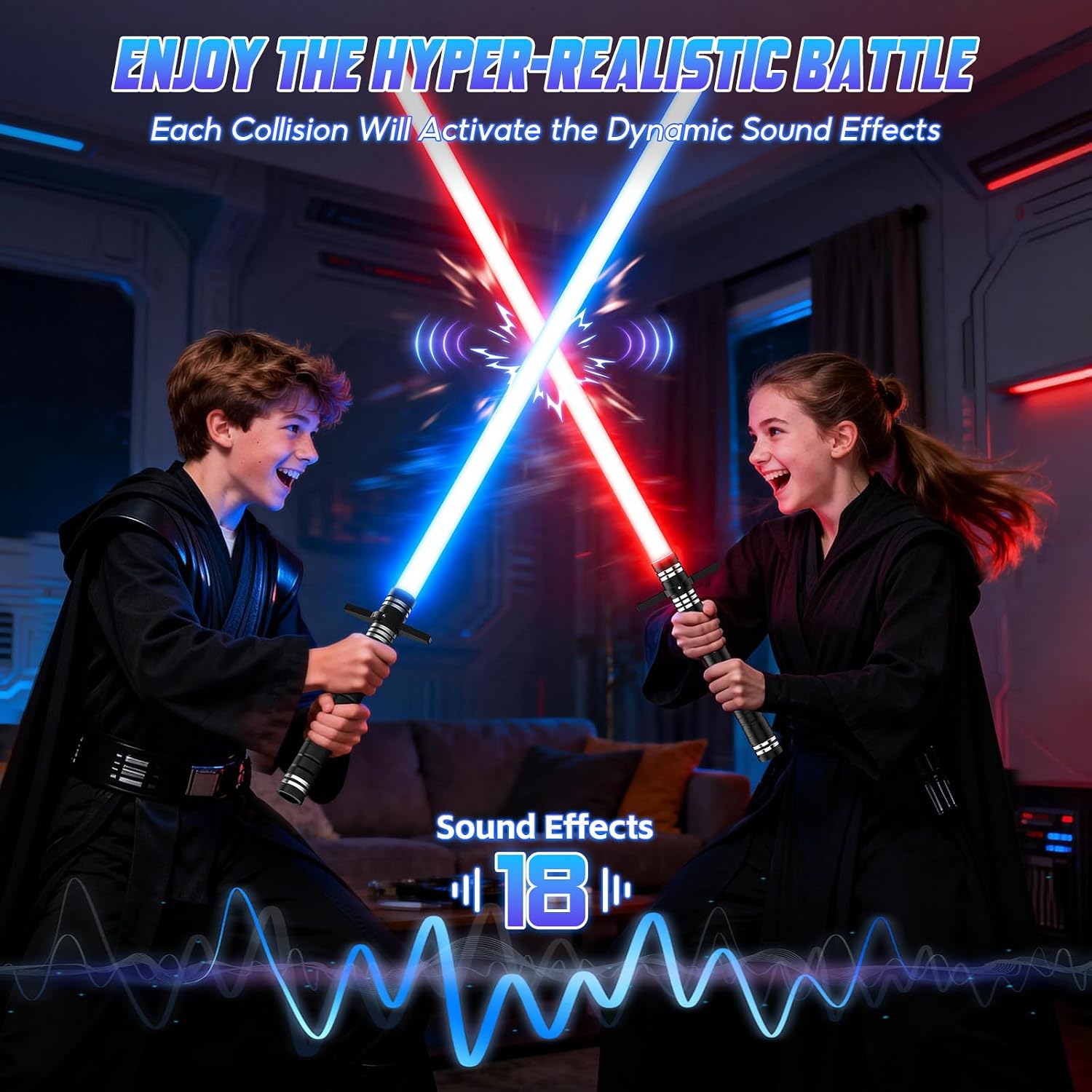Premium Lightsaber, Dueling Light Saber with Handguard, Real 24 Colors RGB, USB Rechargeable Metal Hilt, 18 Movie Sound, 4 Duel Modes, 2 in 1 Lightsabers for Cosplay Gifts, 2Packs, 40"＋40"