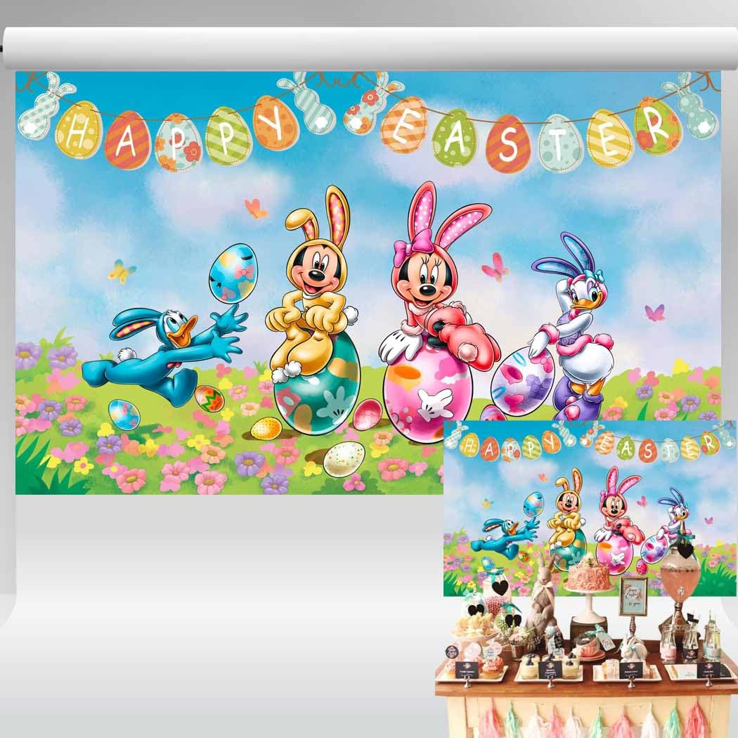 Mickey Spring Easter Egg Backdrop Minnie Bunny Daisy Duck Background Floral Landscape Banner Kids Easter Party Decorations 5x3 ft 165