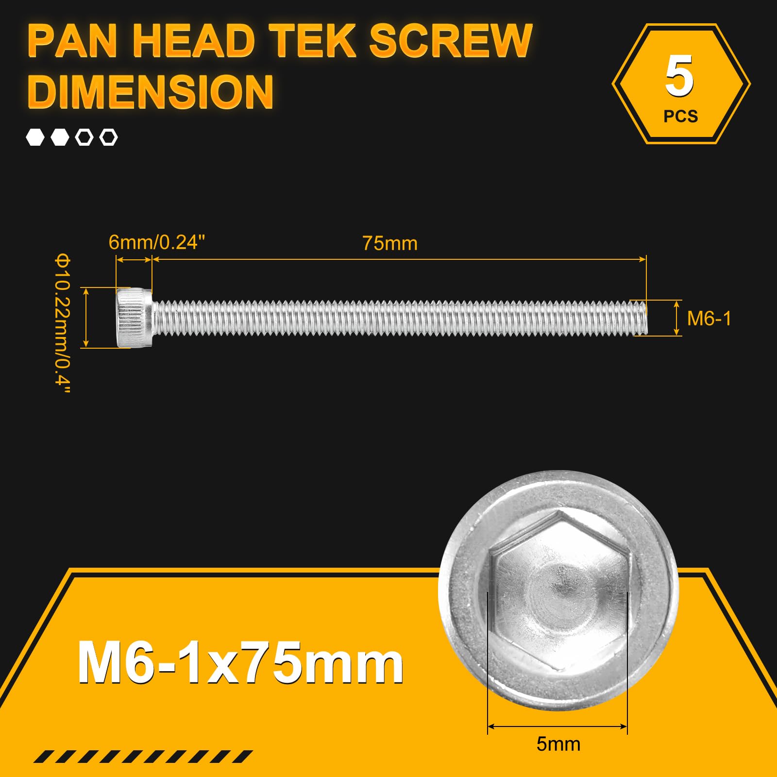 DTGN M6-1x75 Socket Head Cap Screws Bolts, 5Pack, Good for Road Bicycle Mountain Bike, Auto, Motorcycle - Image 2