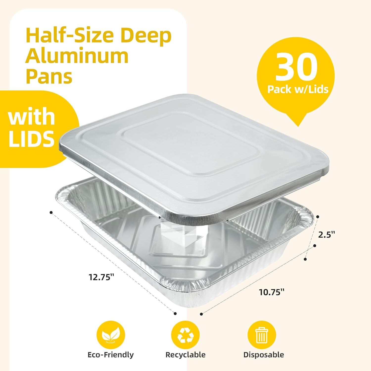 Aluminum Foil Pan with Lids, 9×13 Half Size Pans, Disposable Foil Pans for Roasting, Catering, Picnic or Holiday needs (30 Pack w/Lids)