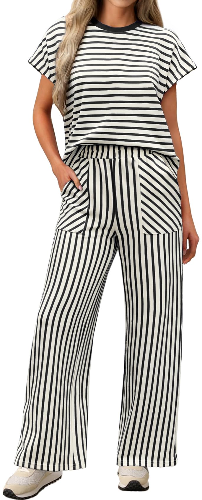 Sweetmoon Two Piece Lounge Sets for Women Summer Crop Short Sleeve Tops High Waisted Wide Leg Pants Lounge Outfits for Women