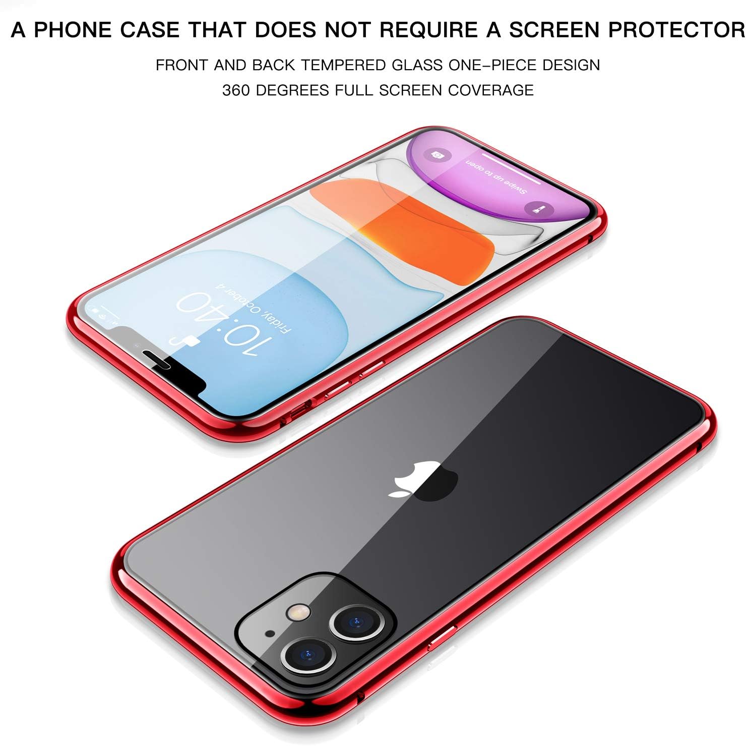 iPhone 11 Case, ZHIKE Magnetic Adsorption Case Front and Back Tempered Glass Full Screen Coverage One-Piece Design Flip Cover [Support Wireless Charging] (Clear Red)